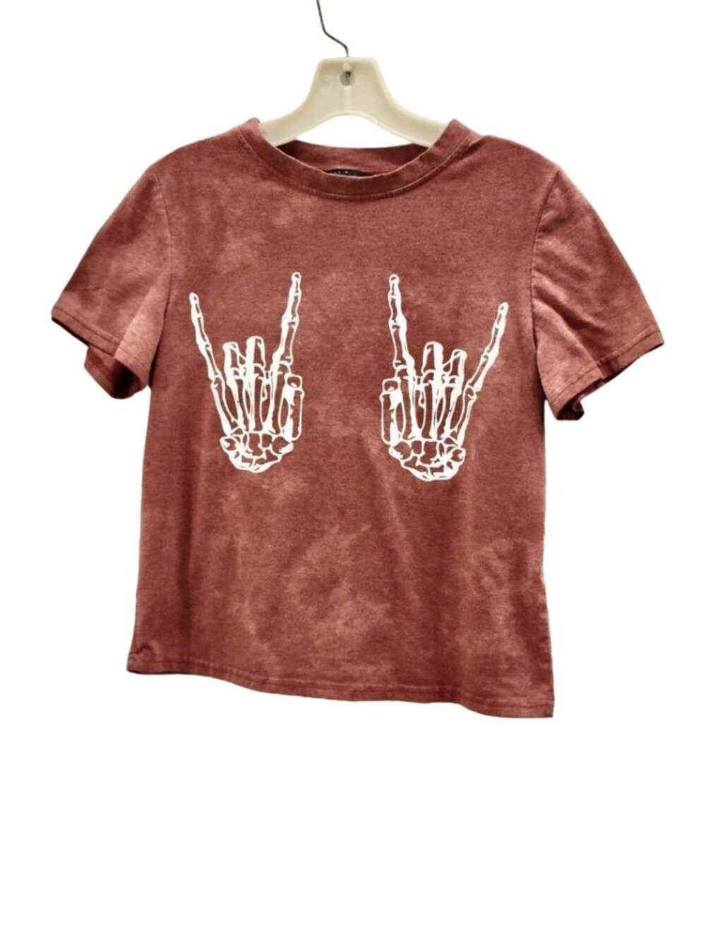 Women's Shein Skeleton Rock n Roll Hand Sign Custom Bleach Dye Crop T-shirt Size